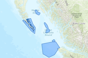 Map of north and central coast of BC dotted with existing marine protected areas.